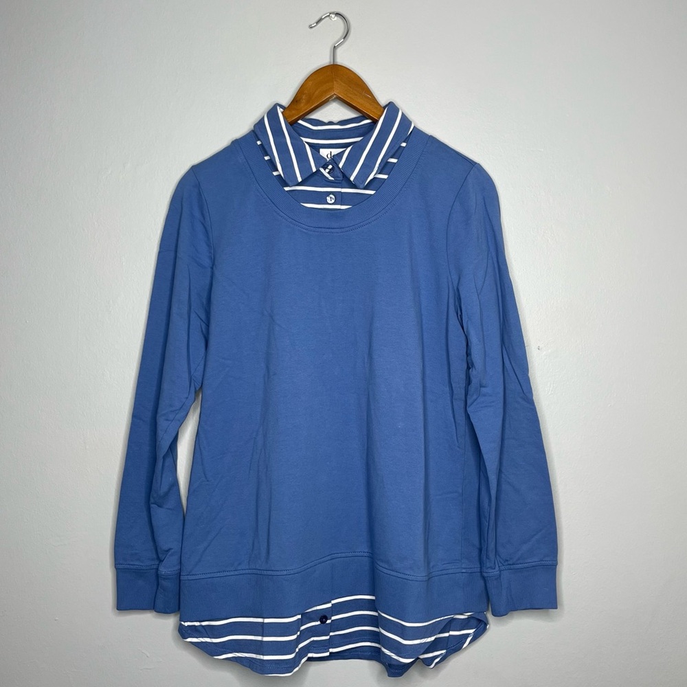 Denim & Co Blue French Terry Tunic w Layered Striped Collar + Hem C